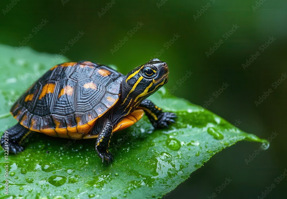 Colorful turtle resting on a lush green leaf surrounded by raindrops, showcasing nature's beauty and wildlife in a serene environment Colorful turtle resting on a lush green leaf surrounded by raindrops, showcasing nature's beauty and wildlife in a serene environment