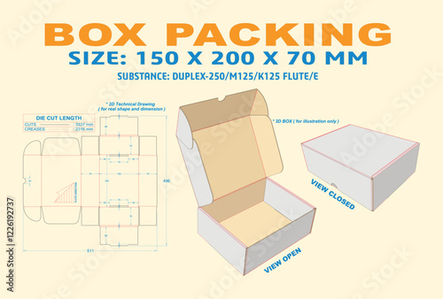 Box Packing 150 x 200 x 70 mm. Packaging Die Cut Template Design. 2d TD Real Shape & Dimension. 3d Box Mock Up. Prepared for production.