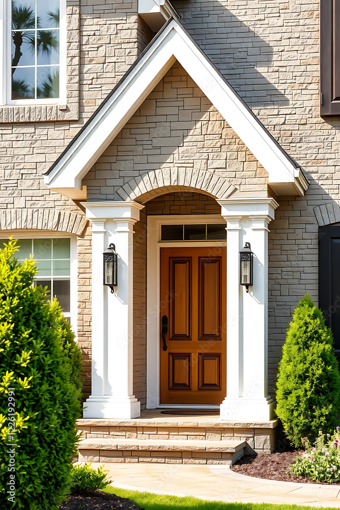 Obraz premium Elegant Home Entrance with Brick Facade and Wooden Door. Beautiful Exterior Design and Landscaping