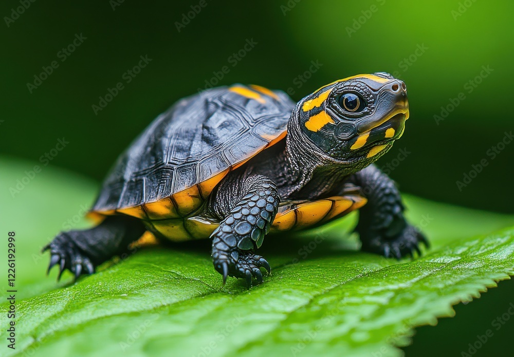 Fototapeta premium Colorful turtle resting on a vibrant green leaf in a lush environment showcasing the beauty of nature and wildlife with vivid detail and clarity