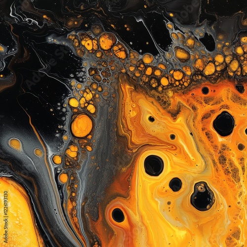 A captivating abstract piece utilizing bold black and fiery orange swirls and bubbles, creating intricate patterns that evoke motion and intensity in a modern style.
