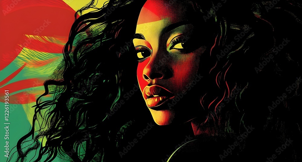 Fototapeta premium Black History Month background. African-american woman face in profile over red yellow green black colors background. Juneteenth freedom day. Racial equality, freedom, human rights day