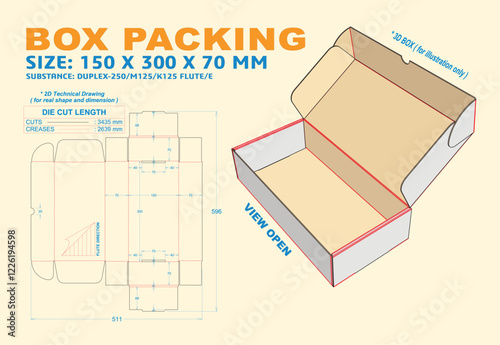Box Packing 150 x 300 x 70 mm. Packaging Die Cut Template Design. 2d TD Real Shape & Dimension. 3d Box Mock Up. Prepared for production.