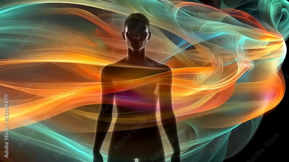 Abstract representation of a human silhouette with vibrant flowing colors symbolizing creativity Abstract representation of a human silhouette with vibrant flowing colors symbolizing creativity
