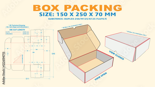 Box Packing 150 x 250 x 70 mm. Packaging Die Cut Template Design. 2d TD Real Shape & Dimension. 3d Box Mock Up. Prepared for production.