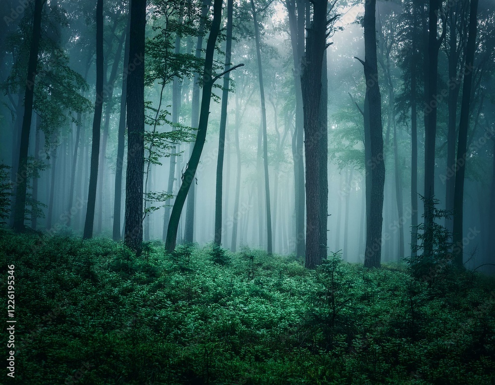 Obraz premium 暗い森の霧背景