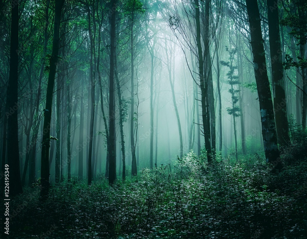 Fototapeta premium 暗い森の霧背景