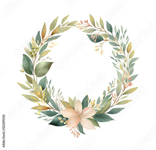 Watercolor hand painted green floral on white background. Laurel wreath for cards, wedding invitation, posters, save the date or greeting design.