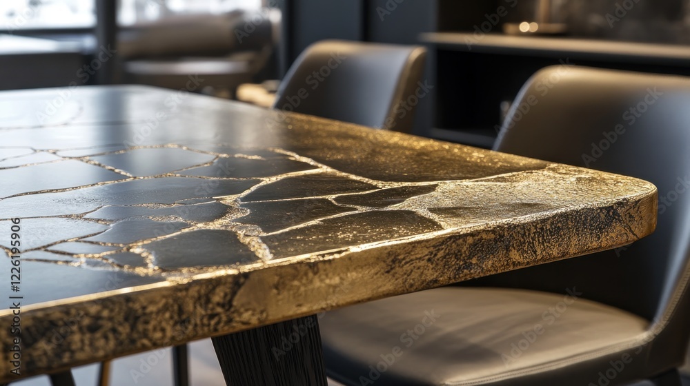 Obraz premium Close-up of a modern table with a unique gold and black resin top.