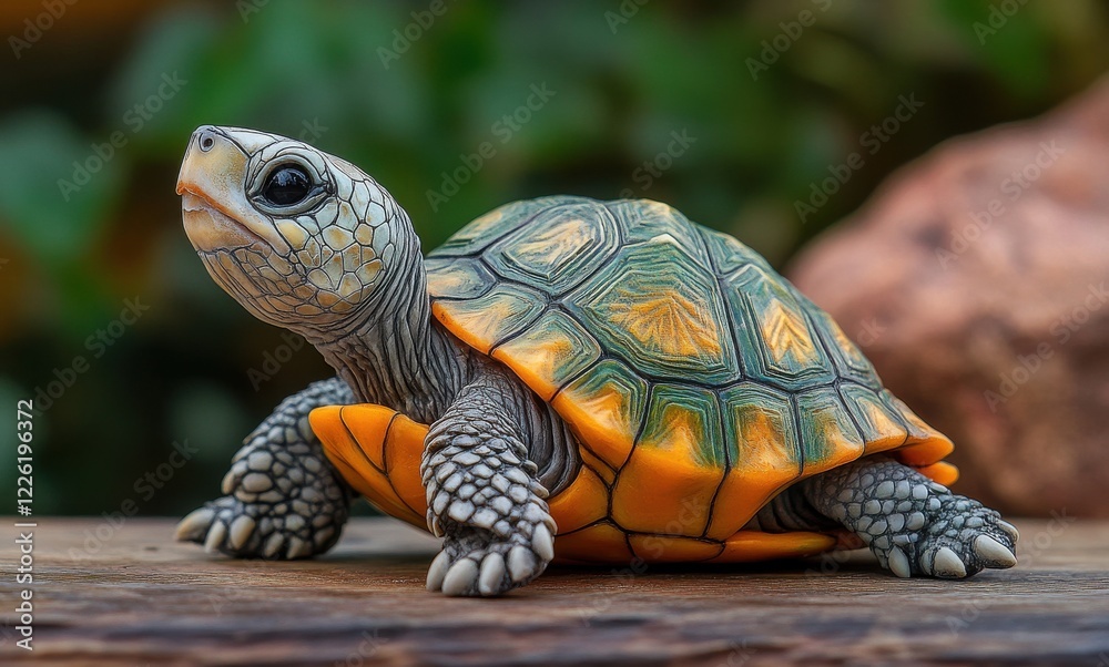 Detailed close-up of a beautifully crafted turtle figurine showcasing realistic textures and vibrant colors against a natural background Detailed close-up of a beautifully crafted turtle figurine showcasing realistic textures and vibrant colors against a natural background