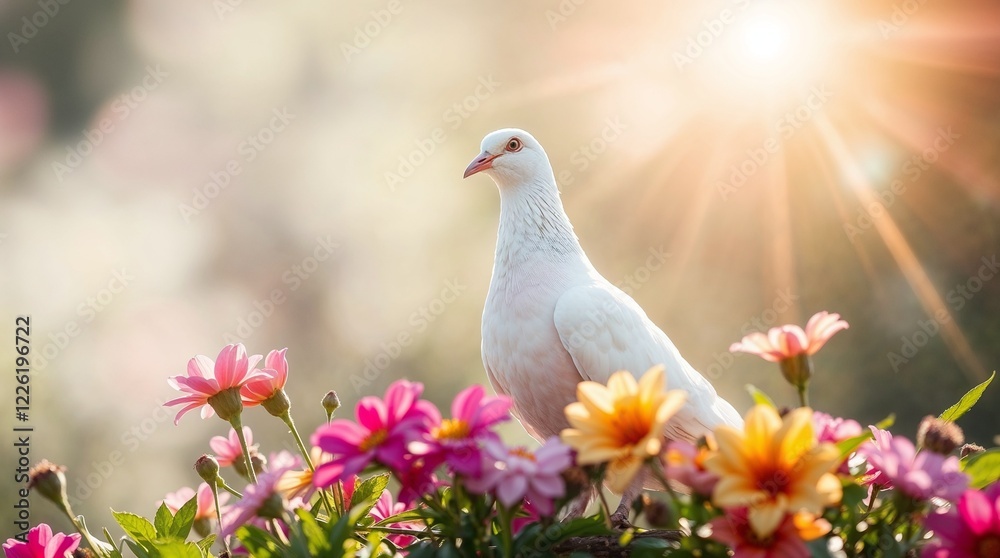Obraz premium White dove standing among vibrant flowers at sunrise, peace symbolism