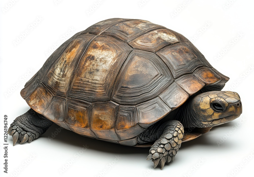 Detailed close-up of a realistic tortoise showcasing unique textures and patterns on its shell in a clean, minimalist setting for nature enthusiasts and educators Detailed close-up of a realistic tortoise showcasing unique textures and patterns on its shell in a clean, minimalist setting for nature enthusiasts and educators