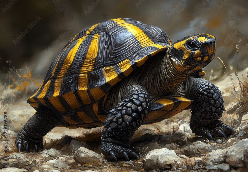 Detailed Close-Up of a Striking Yellow and Black Tortoise on Rocky Terrain with Natural Background and Textured Shell in a Wildlife Setting Detailed Close-Up of a Striking Yellow and Black Tortoise on Rocky Terrain with Natural Background and Textured Shell in a Wildlife Setting