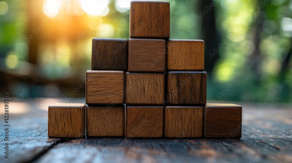 Wooden blocks pyramid on rustic table, nature background. Wooden blocks pyramid on rustic table, nature background.