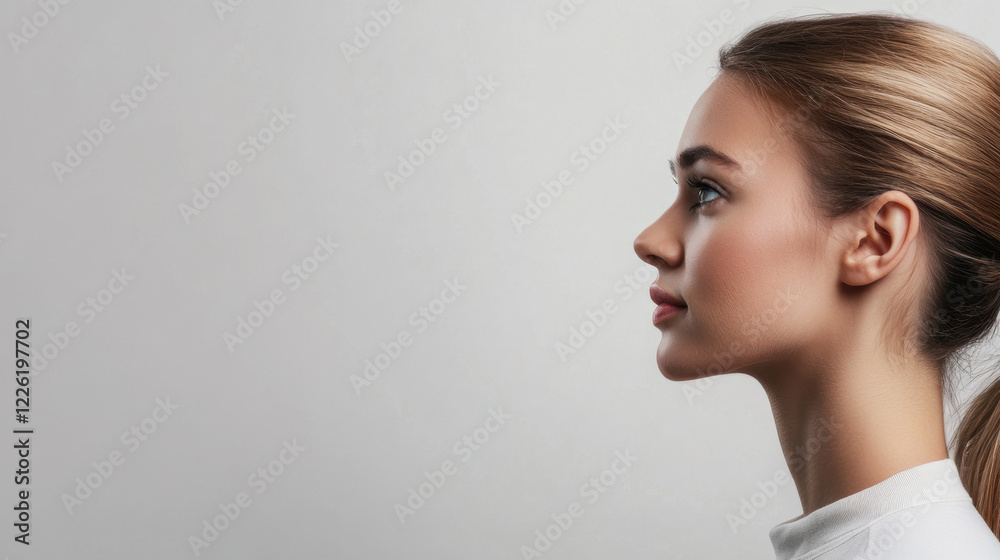 profile portrait of woman with sleek hairstyle, showcasing her elegant features against neutral background. image conveys sense of calm and focus profile portrait of woman with sleek hairstyle, showcasing her elegant features against neutral background. image conveys sense of calm and focus