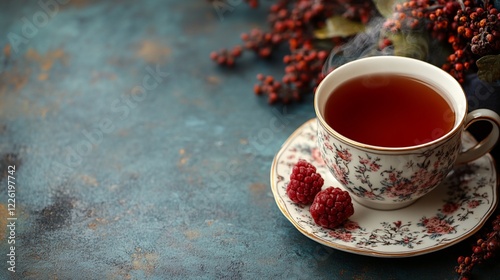 Steaming cup of tea with raspberries on a rustic surface.