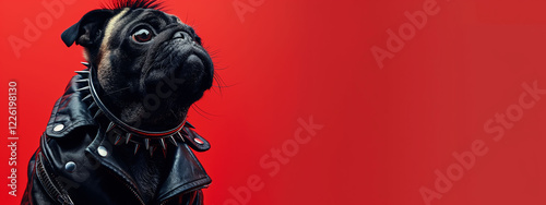 Punk pug with mohawk hat and spiked collar on red background ready for attitude photo