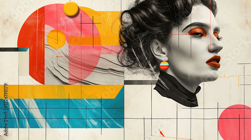 Retro-inspired collage featuring abstract shapes and vibrant colors for modern promotional use