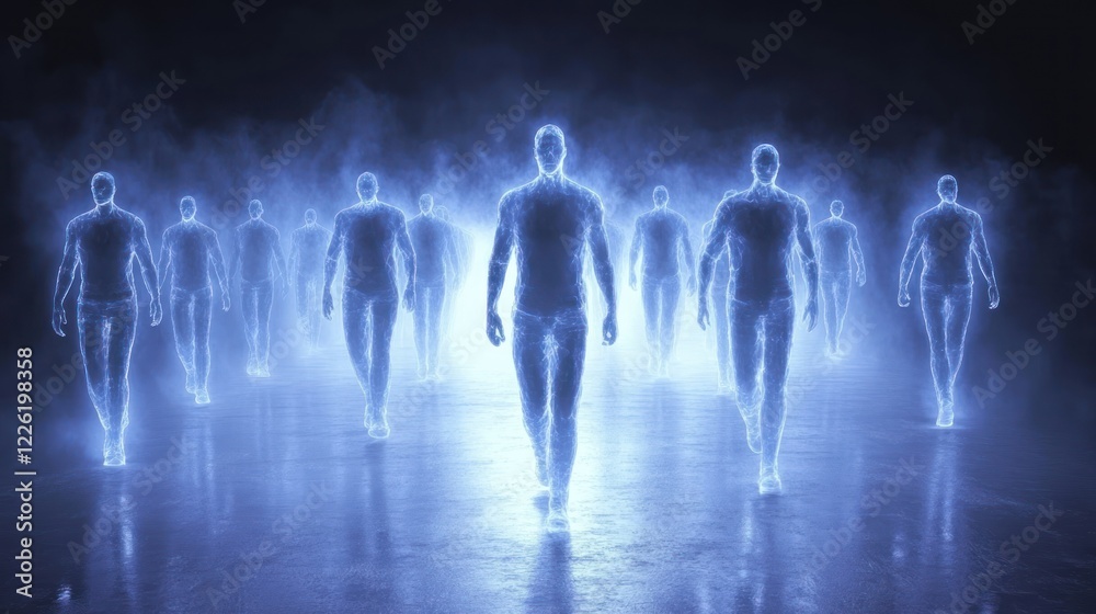 Fototapeta premium Glowing figures walking in a dark, smoky environment.