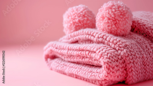 Soft and cozy pom-pom blanket folded neatly on a pastel pink background with space for text above