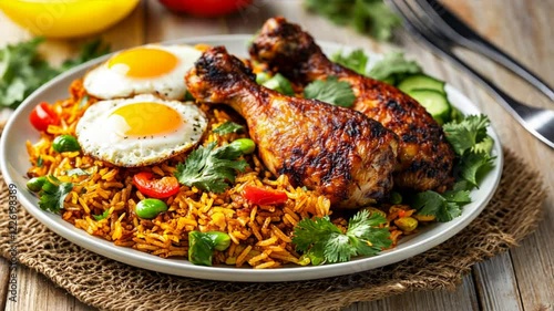 Colorful Chicken Drumsticks with Fried Eggs, Flavorful Rice, Fresh Herbs, and Vegetables for Vibrant Meal Experience
