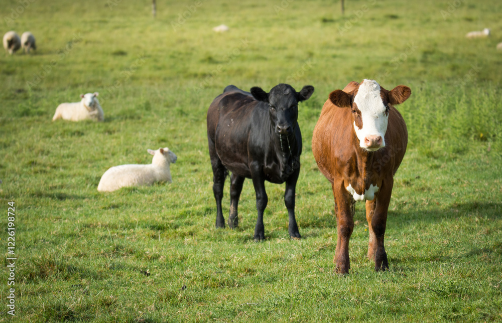 rural scene with Cows and sheep in a green paddock rural scene with Cows and sheep in a green paddock