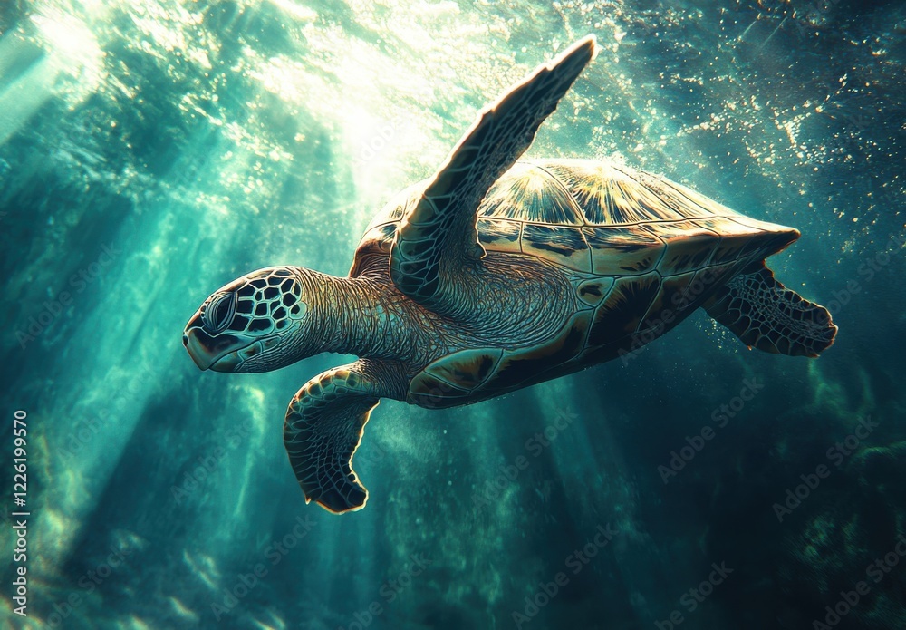 Fototapeta premium Graceful Green Sea Turtle Swimming Through Sunlit Ocean Waters with Rays of Light Filtering Down in a Tranquil Underwater Environment