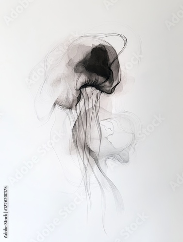 An abstract portrayal of a jellyfish in fluid black strokes on a stark white canvas, showcasing the ethereal and mysterious nature of marine life in minimalistic form. photo