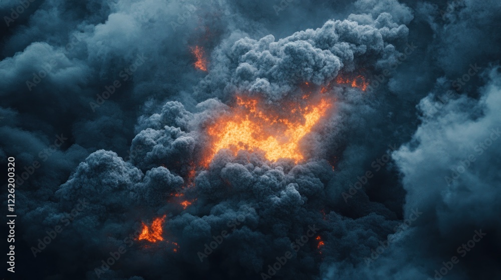 Fototapeta premium Aerial view of massive fire, smoke plume, disaster scene