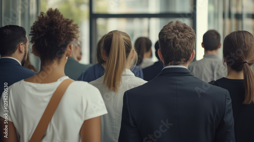 diverse group of businesspeople standing in line, showcasing unity and professionalism in modern office environment. Their varied hairstyles and attire reflect individuality