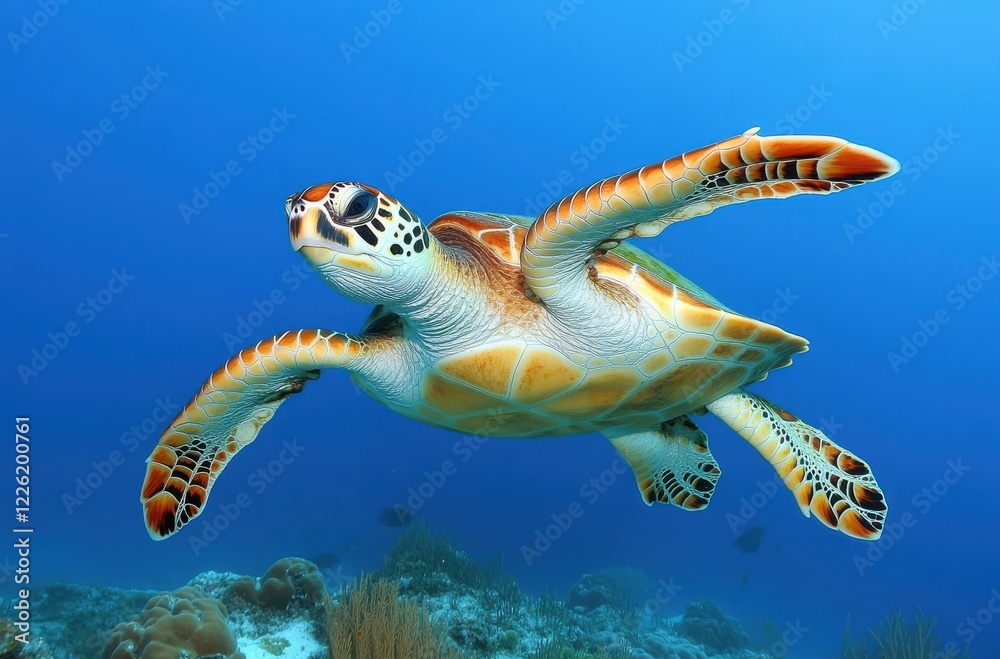 Obraz premium Graceful Sea Turtle Swimming in Clear Blue Ocean with Vibrant Coral Reef Below Creating a Stunning Underwater Scene of Marine Life