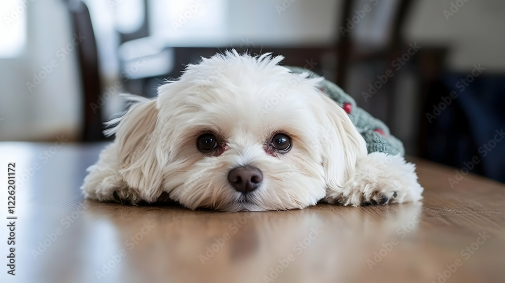 Adorable White Dog Lying on Wooden Table with Sad Expression in Cozy Indoor Setting Adorable White Dog Lying on Wooden Table with Sad Expression in Cozy Indoor Setting
