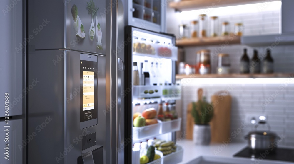 Touch screen control panel and open door of modern refrigerator in a kitchen setting Touch screen control panel and open door of modern refrigerator in a kitchen setting