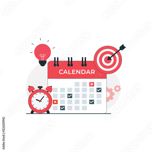 Calendar with Clock and Goal Arrow Vector Illustration. Time Optimization Concept Design