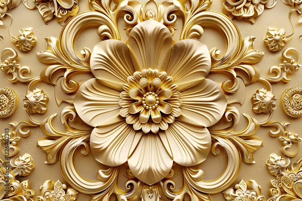 Elegant Gold Ornament with Intricate Floral and Geometric Patterns on Solid Background Elegant Gold Ornament with Intricate Floral and Geometric Patterns on Solid Background