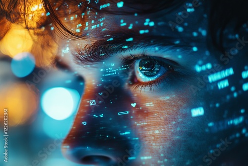 A close-up of a person's eye surrounded by vibrant digital data streams, representing technology and information overload in a futuristic setting.