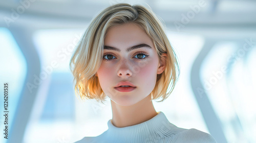 portrait shot of stunning young woman with short blonde hair, wearing white top, showcasing serene expression in bright, modern environment Free Download portrait shot of stunning young woman with short blonde hair, wearing white top, showcasing serene expression in bright, modern environment - GFXLoad