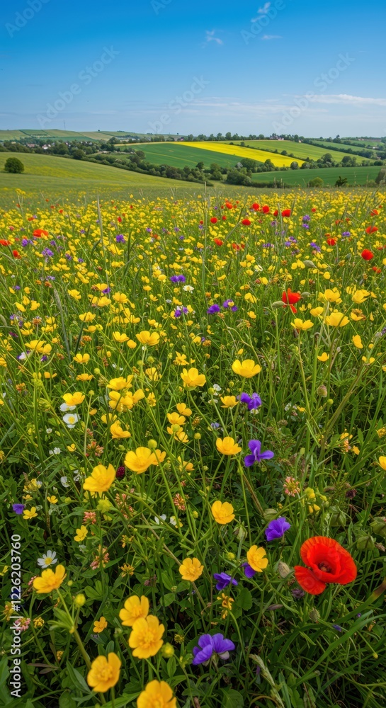 Fototapeta premium Vibrant wildflower field in countryside landscape with blue sky horizon