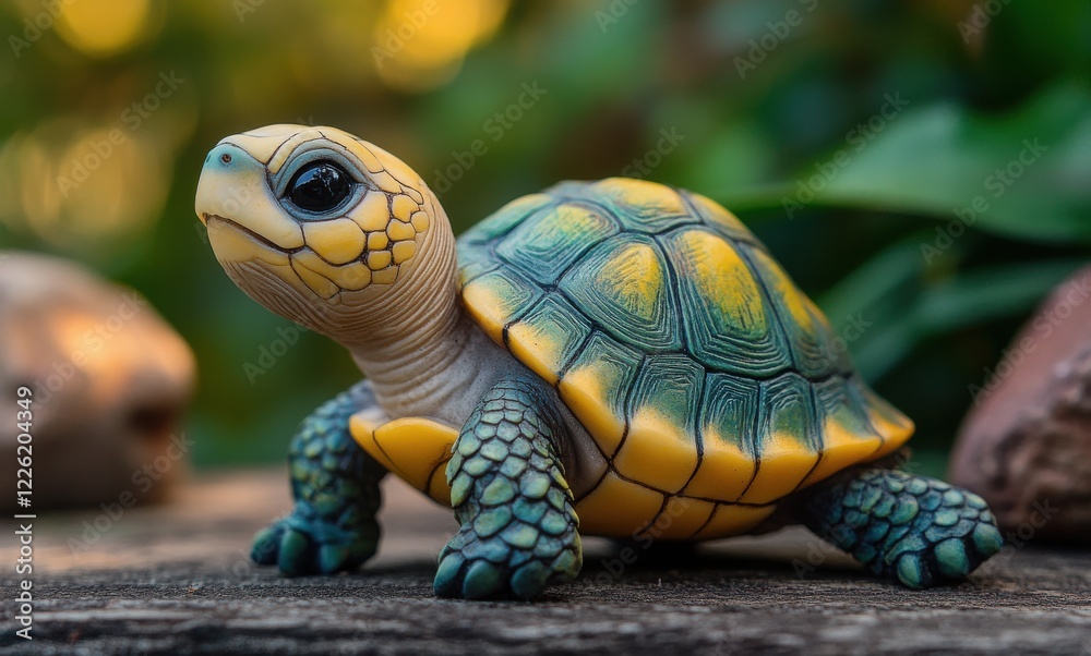 Obraz premium Lifelike Turtle Figurine in Natural Setting with Detailed Texture and Vibrant Colors, Surrounded by Greenery and Natural Elements for Artistic Display