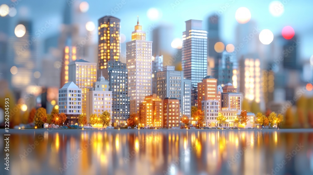 Fototapeta premium Night cityscape, urban skyline reflection, city lights, autumn trees, modern architecture, ideal for real estate marketing