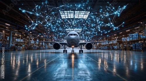 Airplane in a hangar with digital network connections