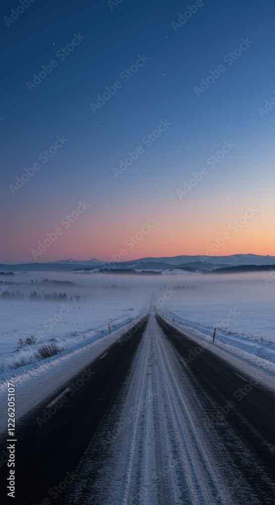 Wintery road leading into foggy horizon at sunset with snowy mountain background Wintery road leading into foggy horizon at sunset with snowy mountain background