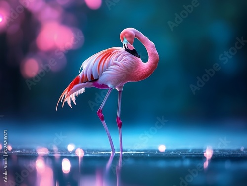A captivating scene of a flamingo in a dream-like setting, surrounded by ethereal water reflections. The soft lighting enhances a sense of serenity and beauty.