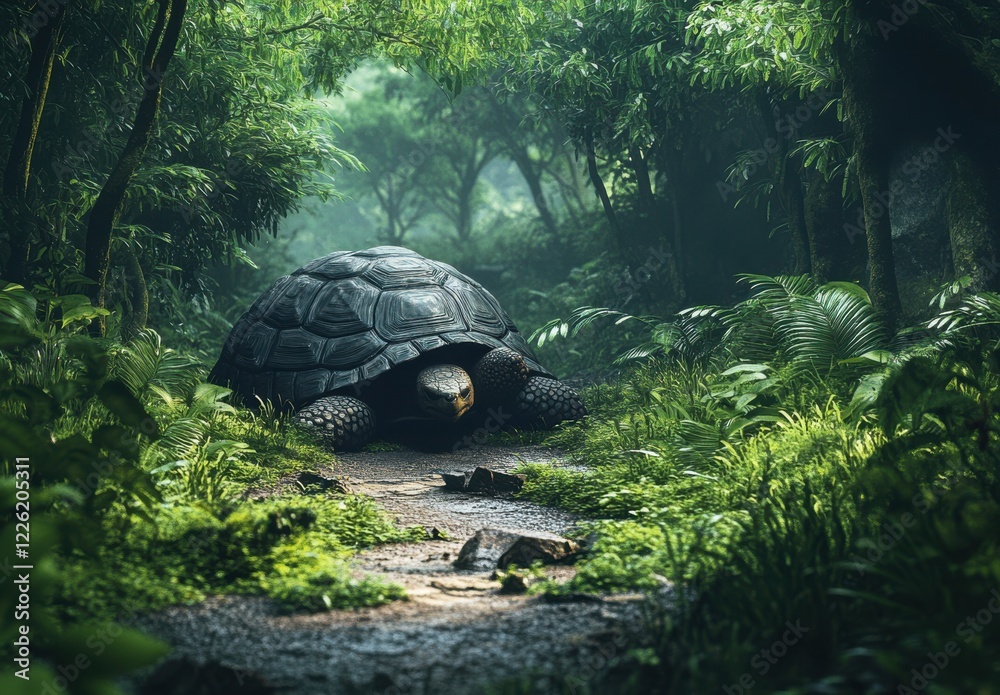 Naklejka premium Majestic Giant Tortoise in Lush Green Jungle Surrounded by Exotic Flora and Mystical Atmosphere Capturing Nature's Untamed Beauty