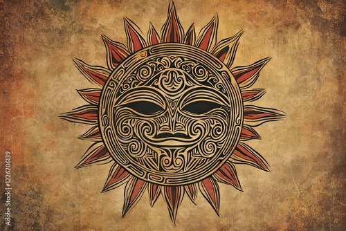 An artistic depiction of the sun featuring intricate tribal facial designs, showcasing a fusion of geometric patterns and warm earthy tones in an ancient style.