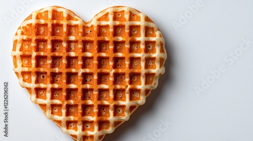 A heart-shaped waffle with a golden-brown texture on a plain background.