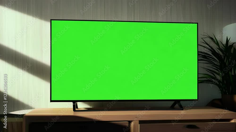 Green screen smart TV animation featuring a blank display designed for advertising content within a stylish living room setting Green screen smart TV animation featuring a blank display designed for advertising content within a stylish living room setting