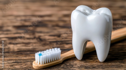 A toothbrush next to a large, white tooth model on a wooden surface.