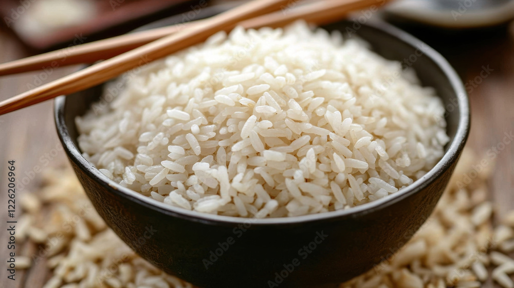 White rice in iron bowl, surrounded by scattered grains, evokes sense of warmth and comfort, perfect for any meal. Enjoy simplicity and versatility of this staple food White rice in iron bowl, surrounded by scattered grains, evokes sense of warmth and comfort, perfect for any meal. Enjoy simplicity and versatility of this staple food