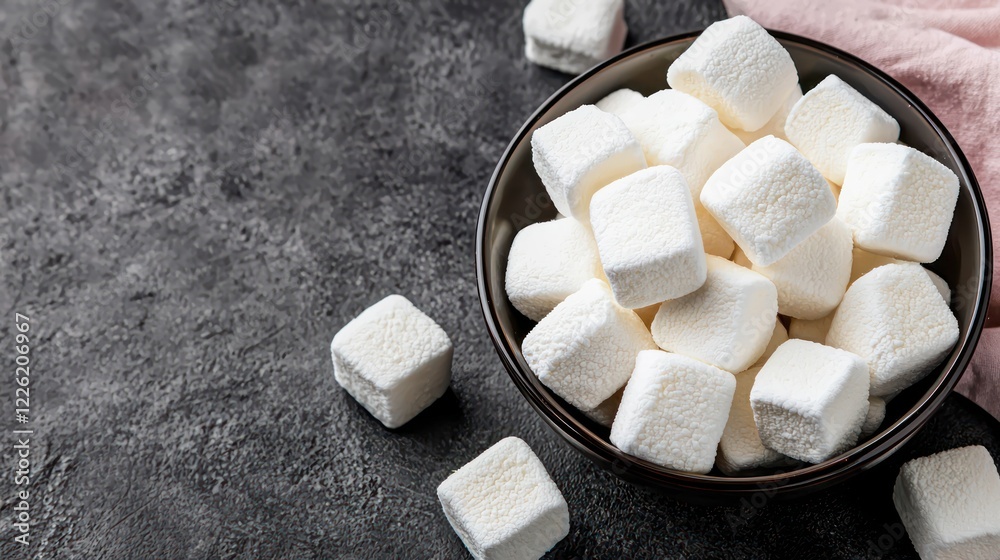 A bowl filled with fluffy white marshmallows on a textured surface. A bowl filled with fluffy white marshmallows on a textured surface.